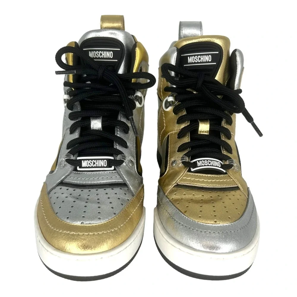 Moschino High Top Sneakers Gold Silver Metallic Leather Made in Italy Size 38